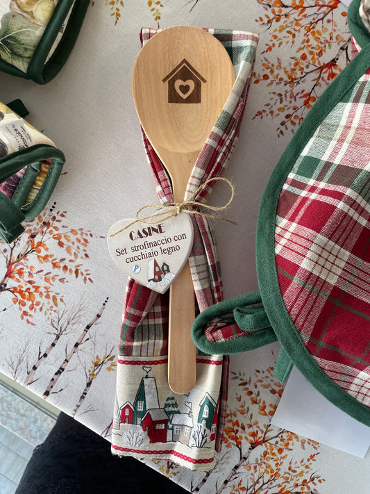 Set Asciugapiatti Natalizio con Cucchiaio di Legno